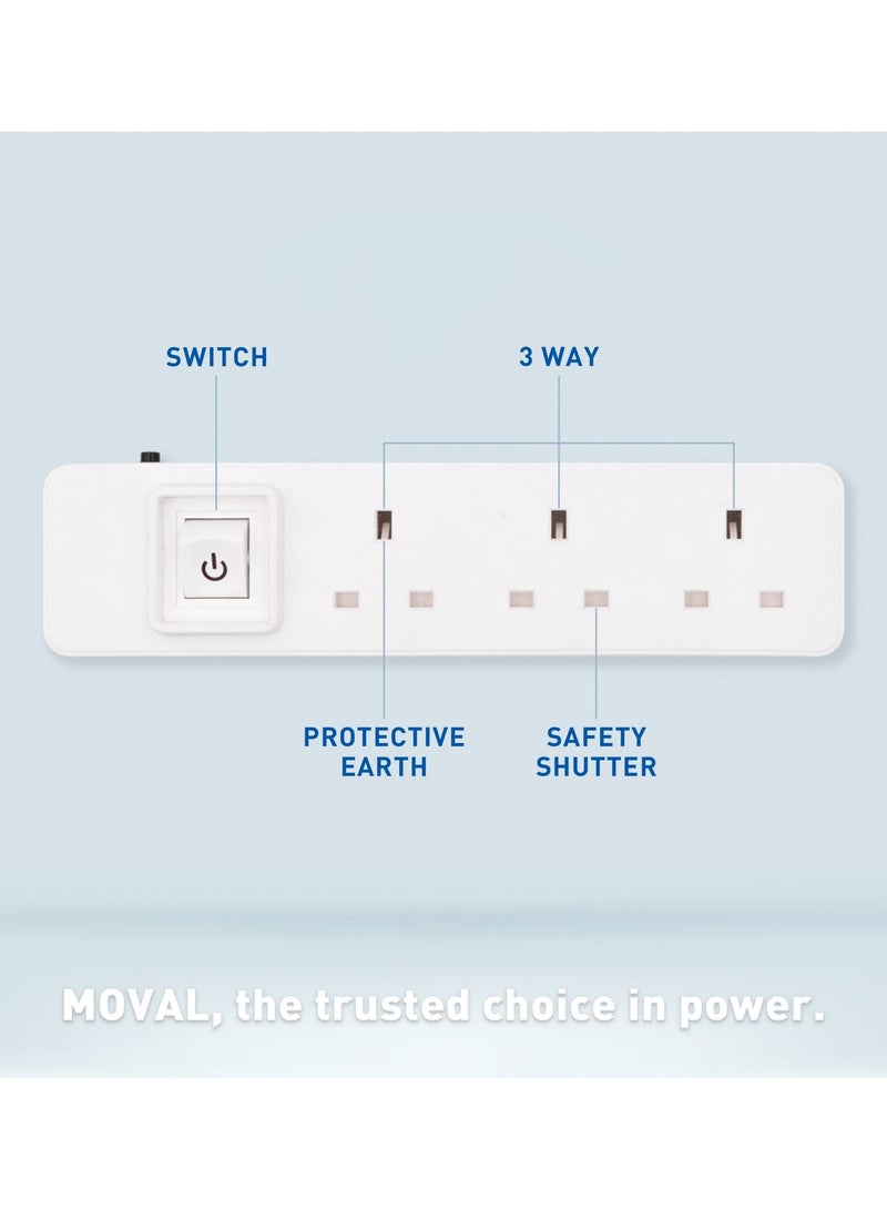 MOVAL 3-Socket Power Extension Cord 3m – All Copper, 2990W, Overload Protection, Anti-Fire Design - Image 1